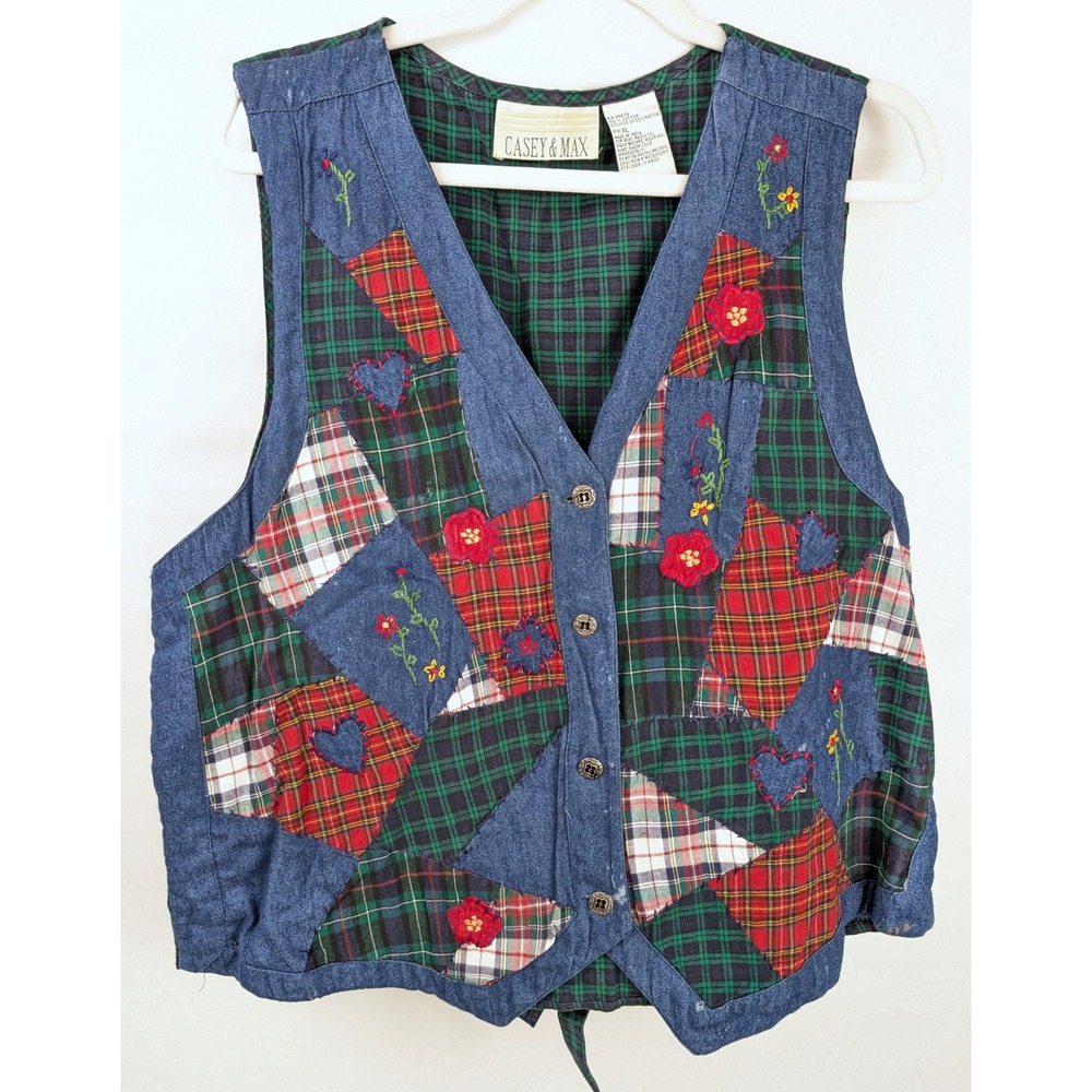 Vintage 90s Patchwork Floral Embroidered Vest Size XL Plaid Cottagecore Quilted